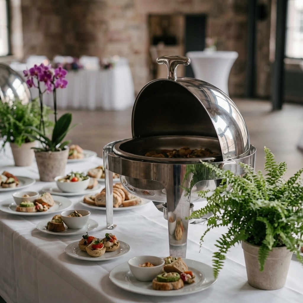 Exklusives Event Catering Buffet in Nürnberg mit Chafing Dish und Dekoration – SCHUMANN UG