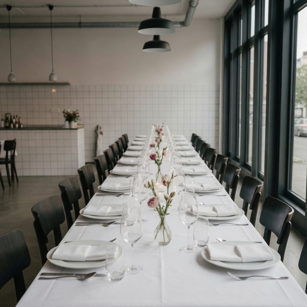 Festlich gedeckte lange Tafel für Event Location in Nürnberg mit blumendekoration – SCHUMANN UG
