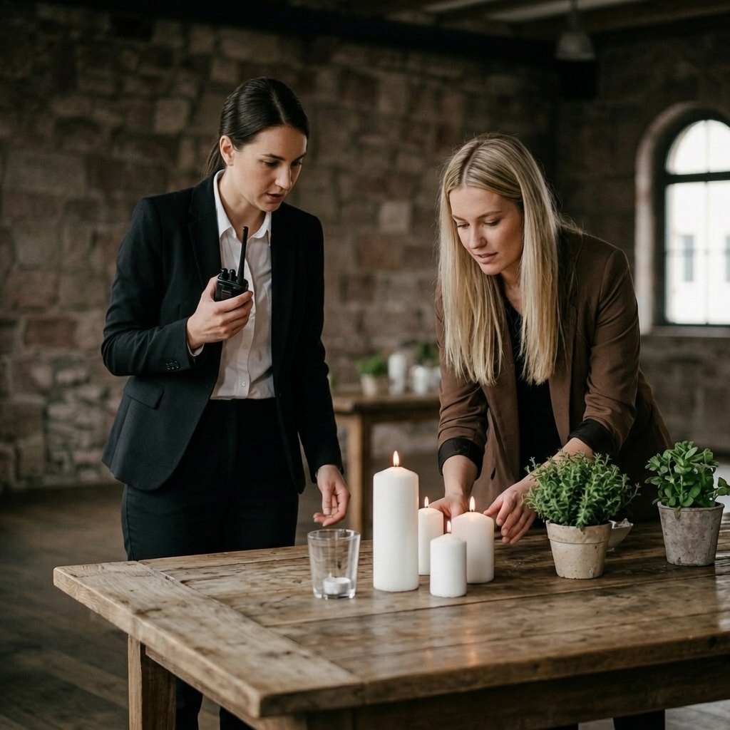 Zwei professionelle Event-Planerinnen der SCHUMANN UG beim detaillierten Aufbau und der Vorbereitung einer Event-Location in Nürnberg
